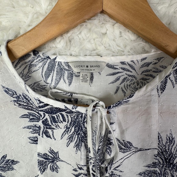 Lucky Brand White Navy Floral Print Tie Neck Blouse Top Women's Plus Size L BOHO - Picture 3 of 9